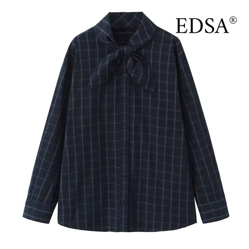 EDSA chemise à carreaux bleu marine pour femmes avec poche carrée pour bureau dame simple boutonnage
