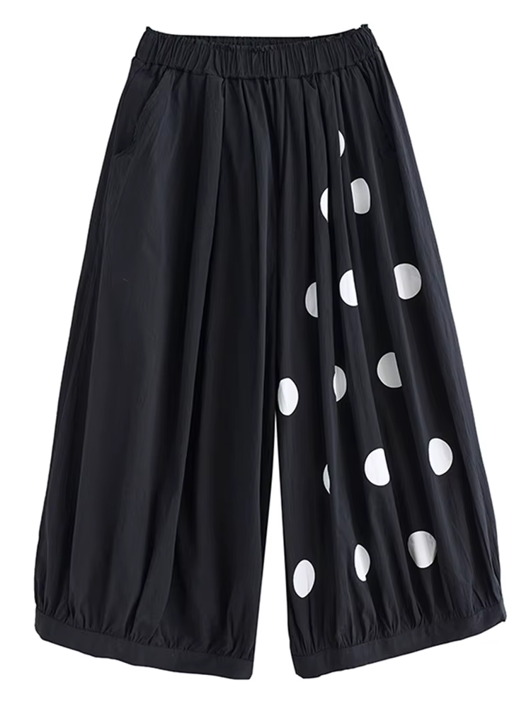 Pantalon large noir vintage à pois taille haute élastique pour femme, nouvelle collection printemps 