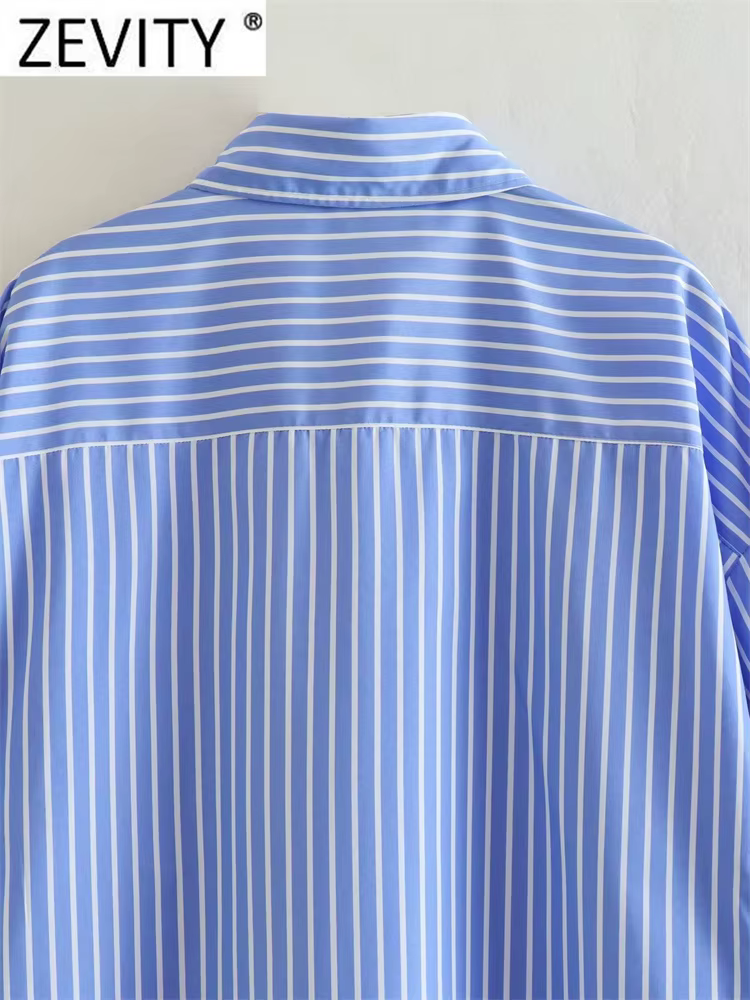 Zevity femmes mode blanc bleu rayé imprimé chemise ample bureau dame Double poche Patch Smock Blouse