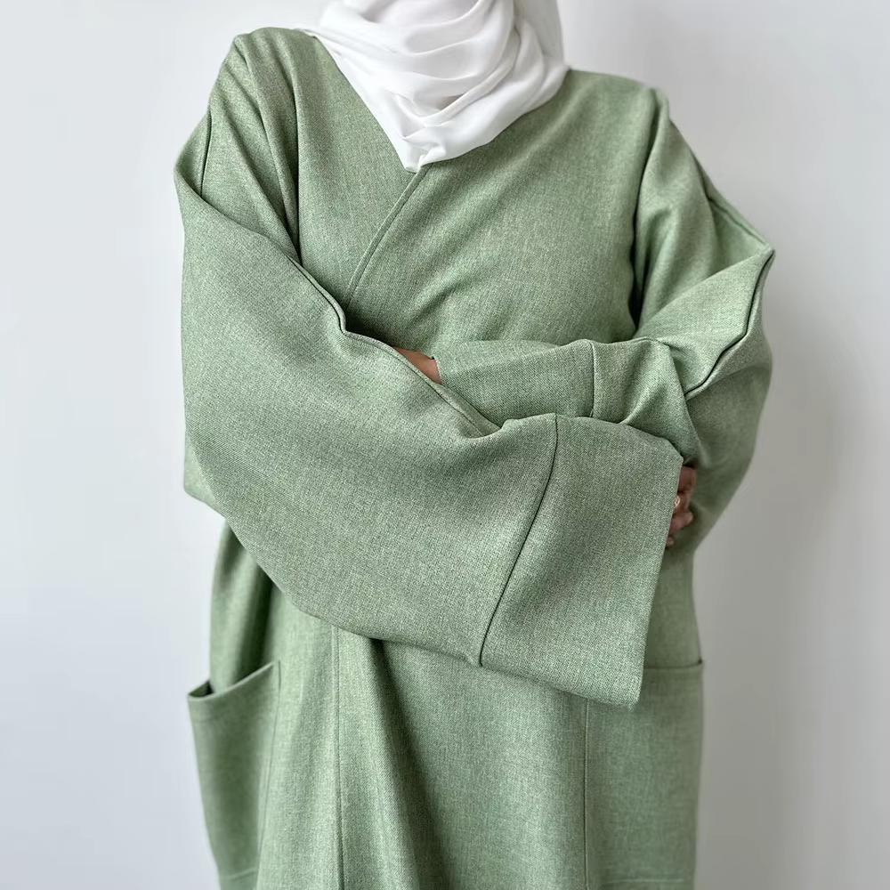 Abaya en lin avec poches pour femmes musulmanes, robe kimono ouverte, vêtements islamiques, modeste,