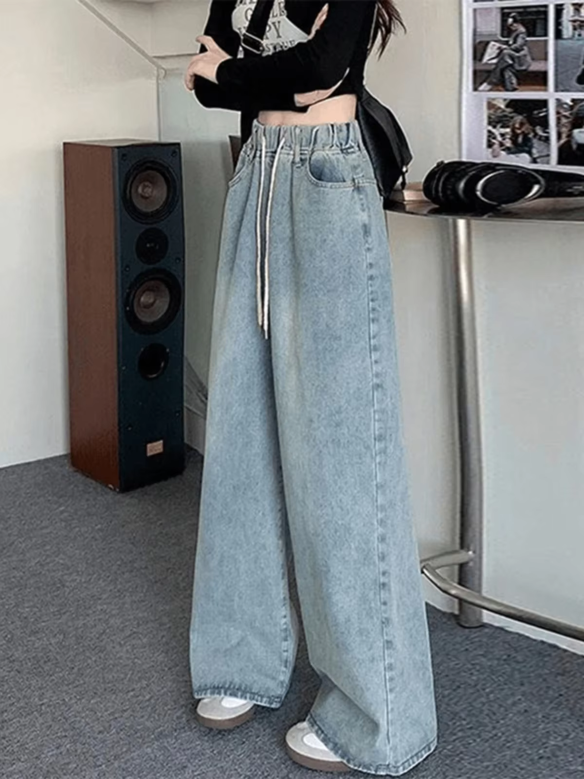 Botvotee taille haute taille large jean pour femmes ample droite bleu Long Denim pantalon femme mode