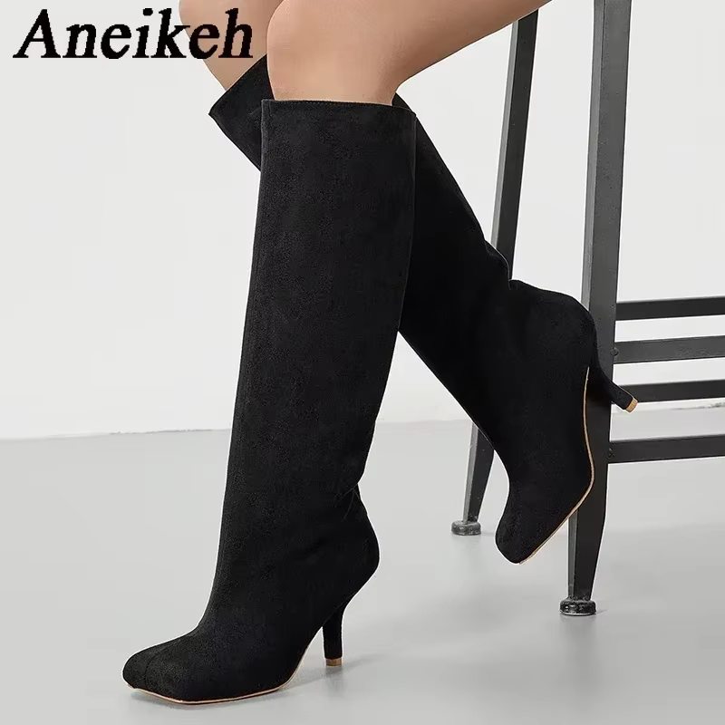 Aneikeh-Bottes Hautes au Genou pour Femme, Style de Rue, Mode, Carré, Parker, Punk, Talons Bas, Minc