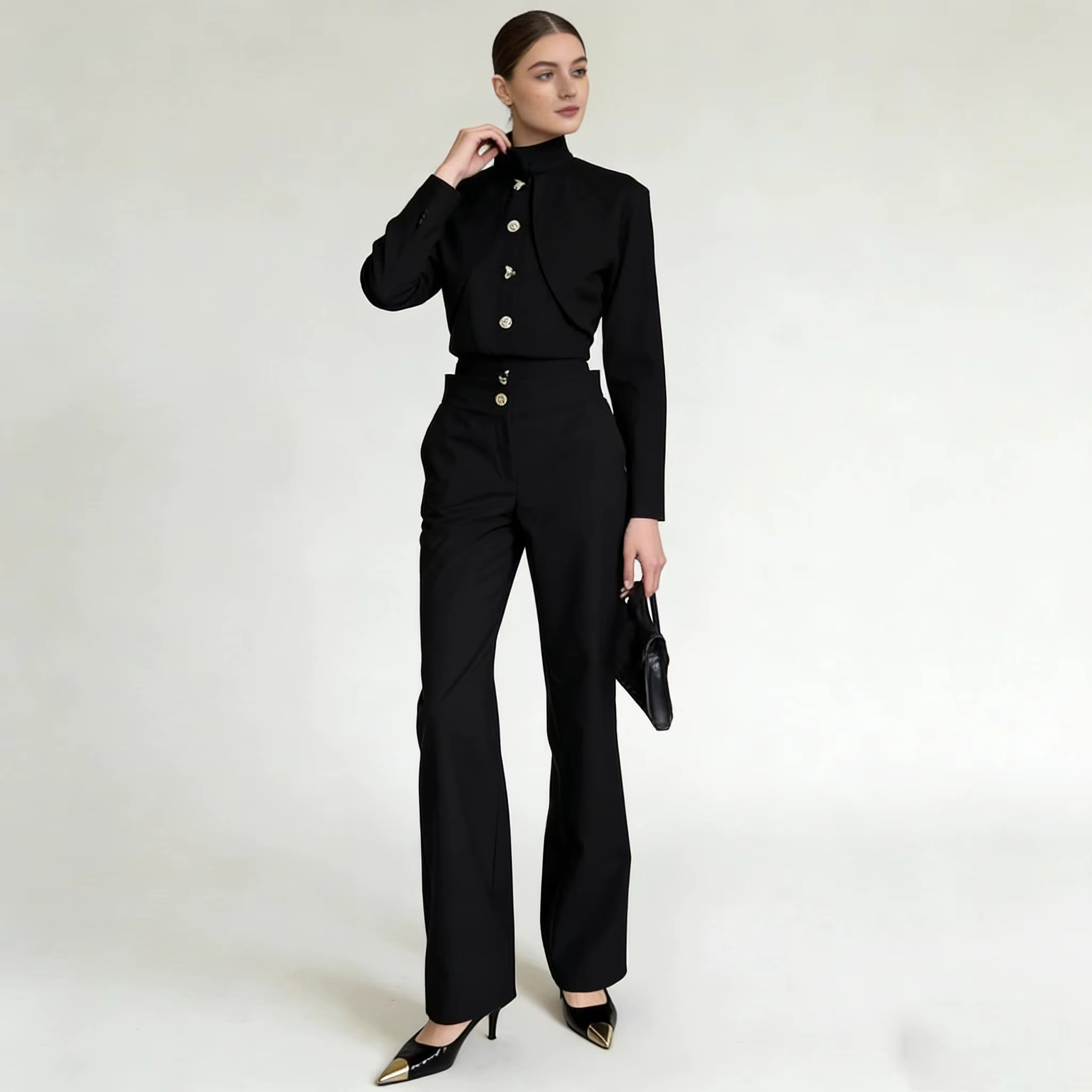 Haut court boutonné à col montant LIMO + pantalon large taille haute, ensemble élégant 2 pièces pour