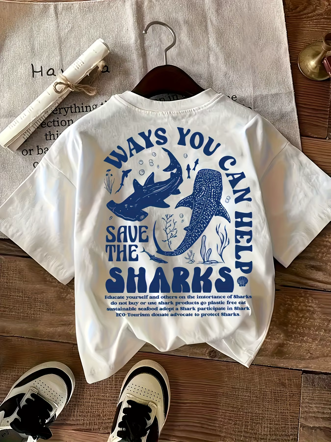 T-Shirt col rond décontracté pour femmes, 100% coton, avec imprimé requin, manches courtes, à la mod