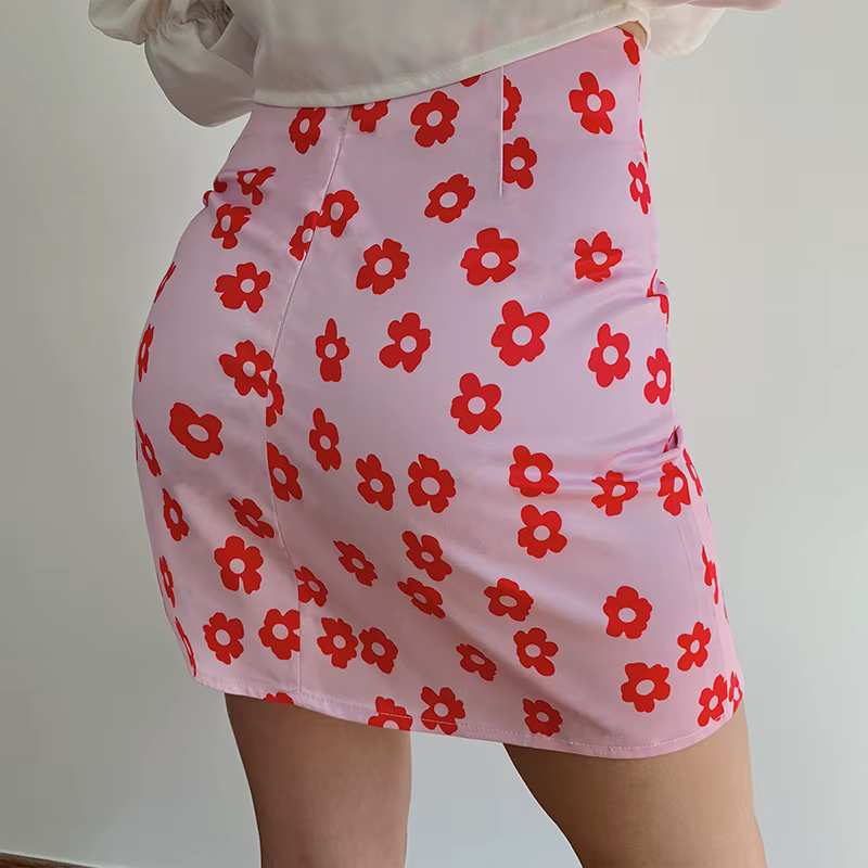 Mini jupe taille haute à imprimé floral pour femmes, vêtements d'été roses, jupe en satin rouge, mod