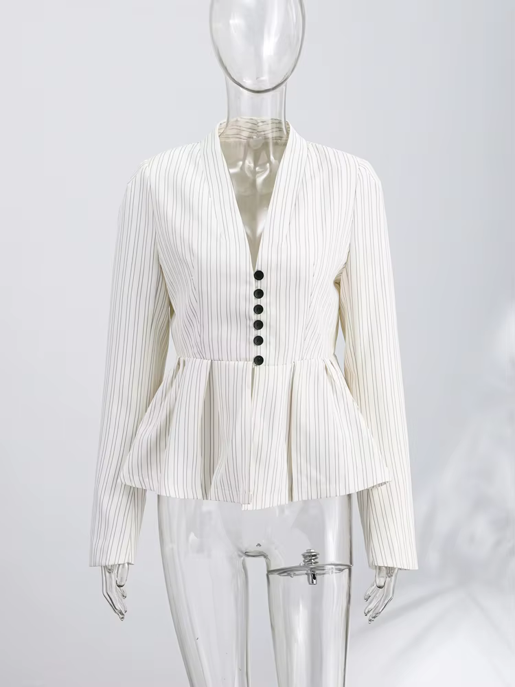 Manteaux élégants à rayures et ourlet plissé pour femmes, col en V, manches bouffantes, taille bouto