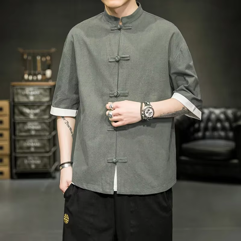 Chemise d'été de Style japonais pour hommes, col montant chinois, Yukata, Kimono samouraï, T-shirt b