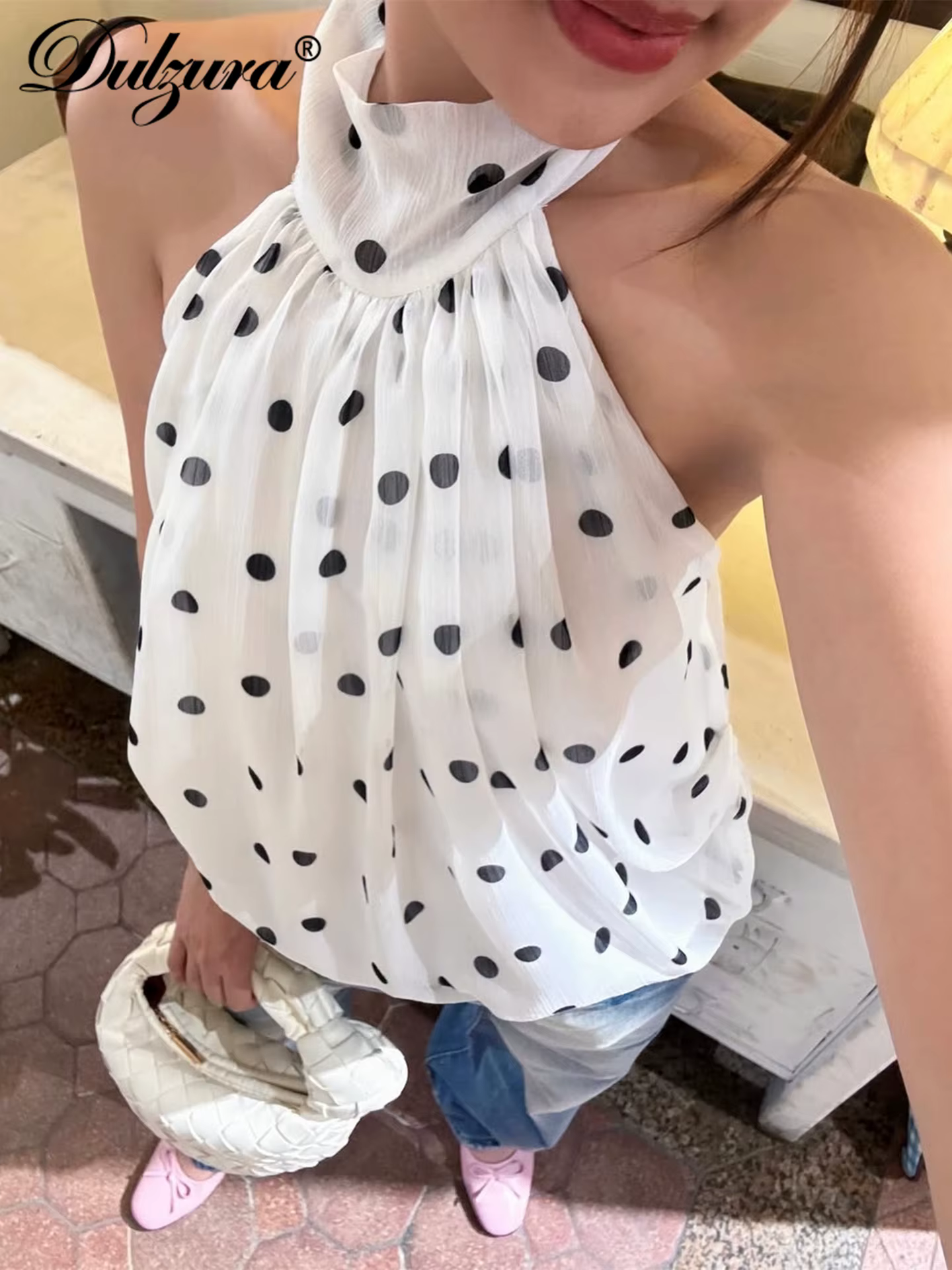 Dulzura Licou Sans Manches Dos Nu Mince À Lacets À Pois Imprimé Haut En Mousseline De Soie Sexy Élég