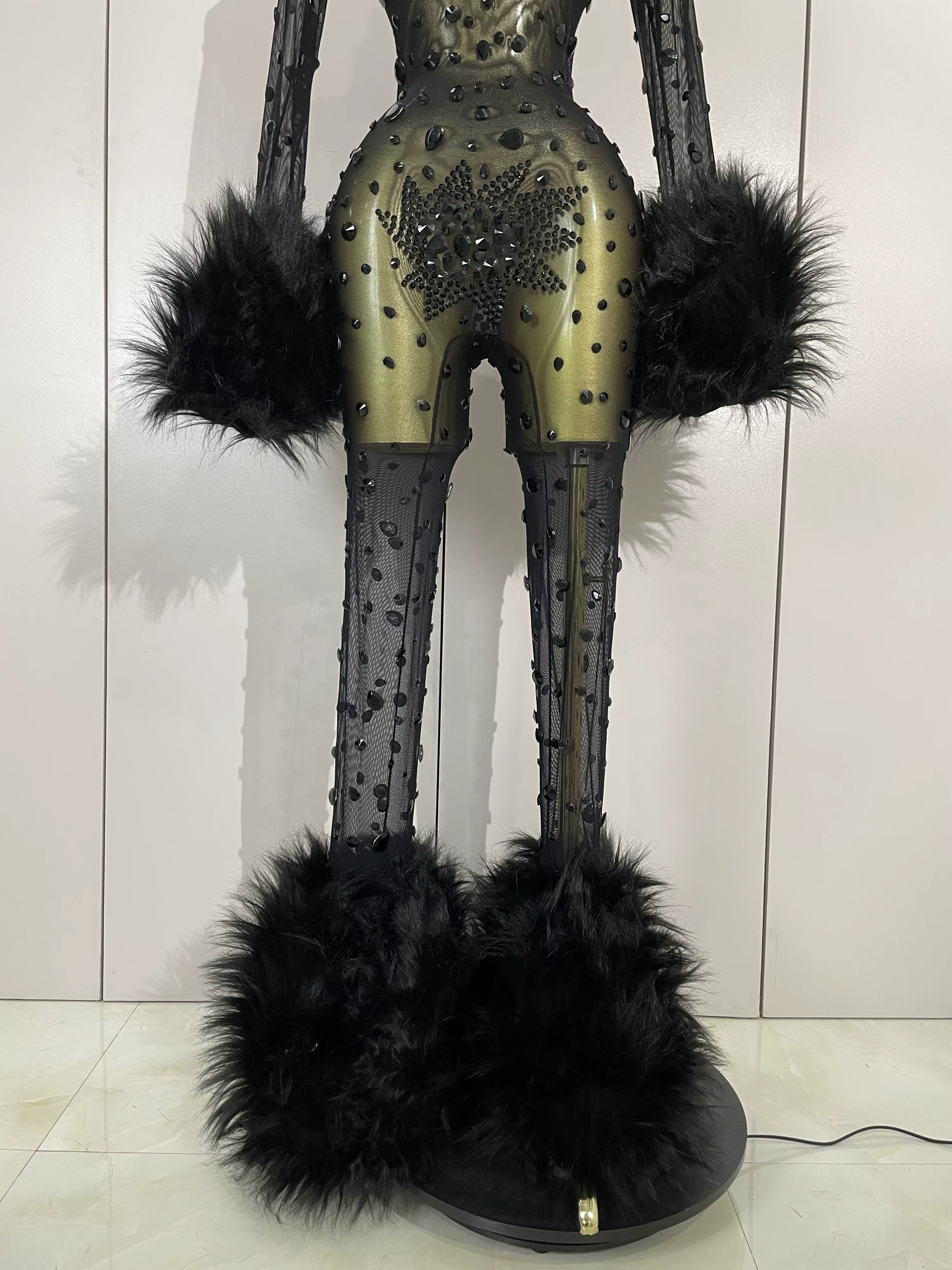 STOCK luxe diamant noir maille Transparent extensible à manches longues combinaison femmes Sexy Perf