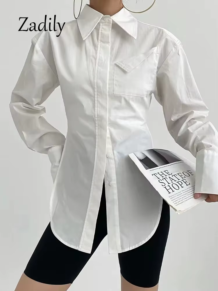 Zadily 2025 automne nouveau en Streetwear à manches longues chemise blanche femmes minimaliste poche