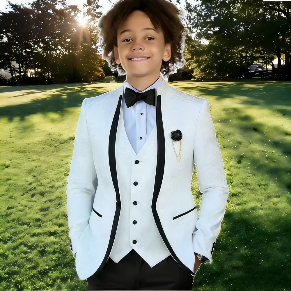 Costume Jacquard Blanc pour Garçon, Tenue de Cérémonie pour Mariage, Smoking à Col Montant, Vêtement