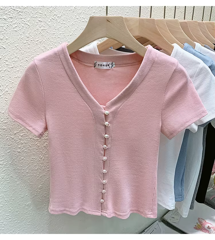 T-shirt court à col en V avec boutons en perles pour femme, cardigan slim, monochrome, t-shirt d'été
