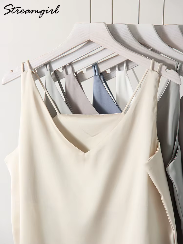 Streamgirl-Camisole en satin pour femmes, avec bretelles, blanc, élégant, sexy, débardeur, été