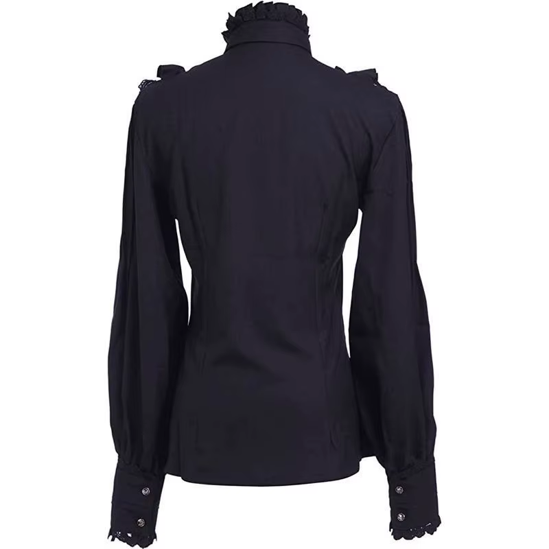 Chemisier Élégant Gothique pour Femme, Nouvelle Collection Printemps 2026, Col Montant à Volants, Bo