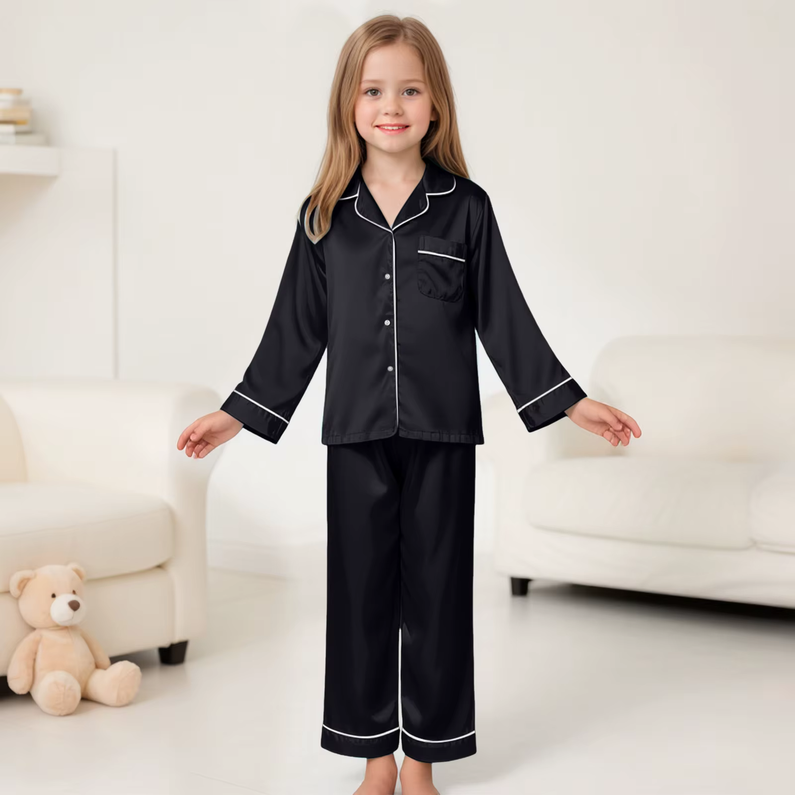 Ensemble pyjama 2 pièces en soie pour filles, vêtements de nuit en Satin doux pour enfants de 3 à 14