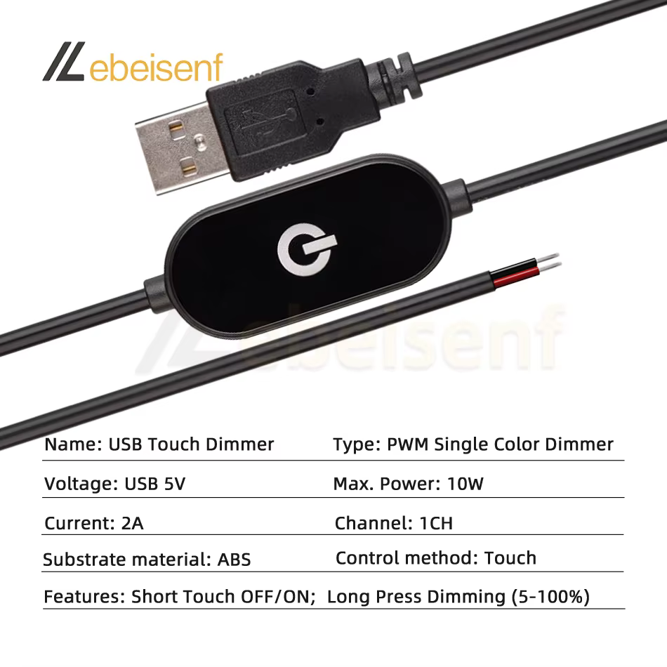 Câble de commutation de gradation tactile USB 2A 5V, 1.5M, USB 2.0A à 2 fils de sortie 5-100%, contr