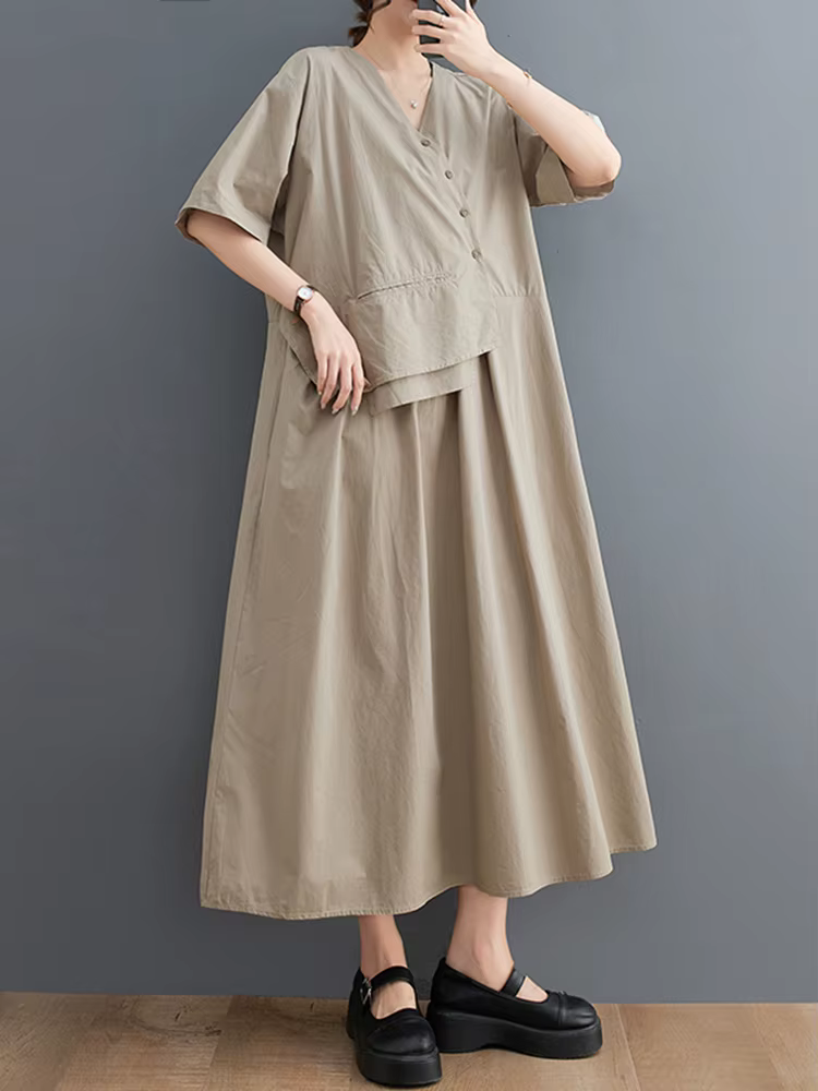 Robe longue décontractée kaki vintage patchwork à manches courtes pour femme, style coréen, nouvelle
