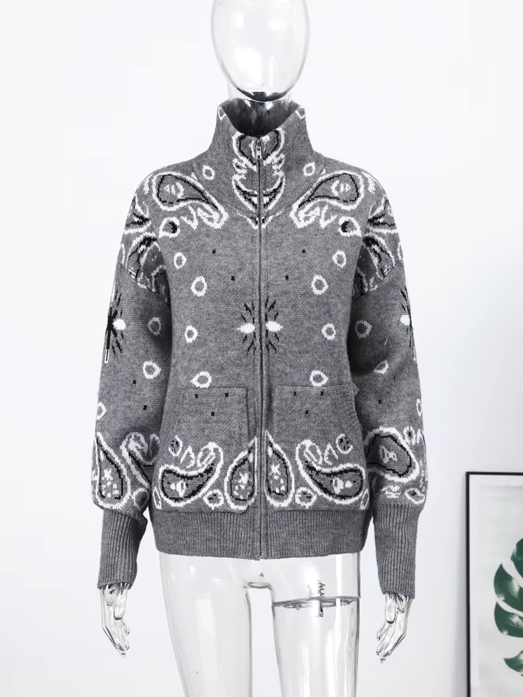 Cardigan Jacquard décontracté pour femmes, ample, col montant, poches zippées, pull assorti avec tou