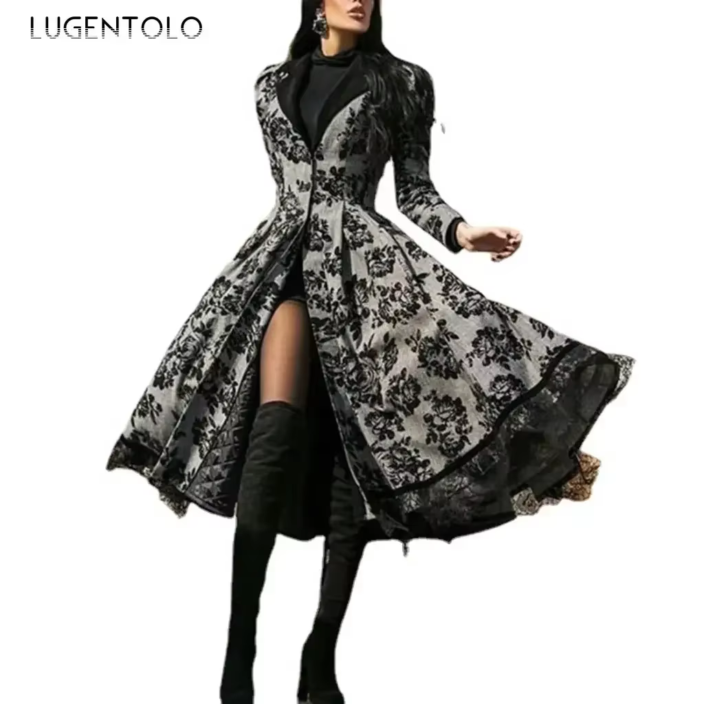 Femmes Vintage fête Trench à manches longues automne épissage dentelle bouton manteau femme décontra