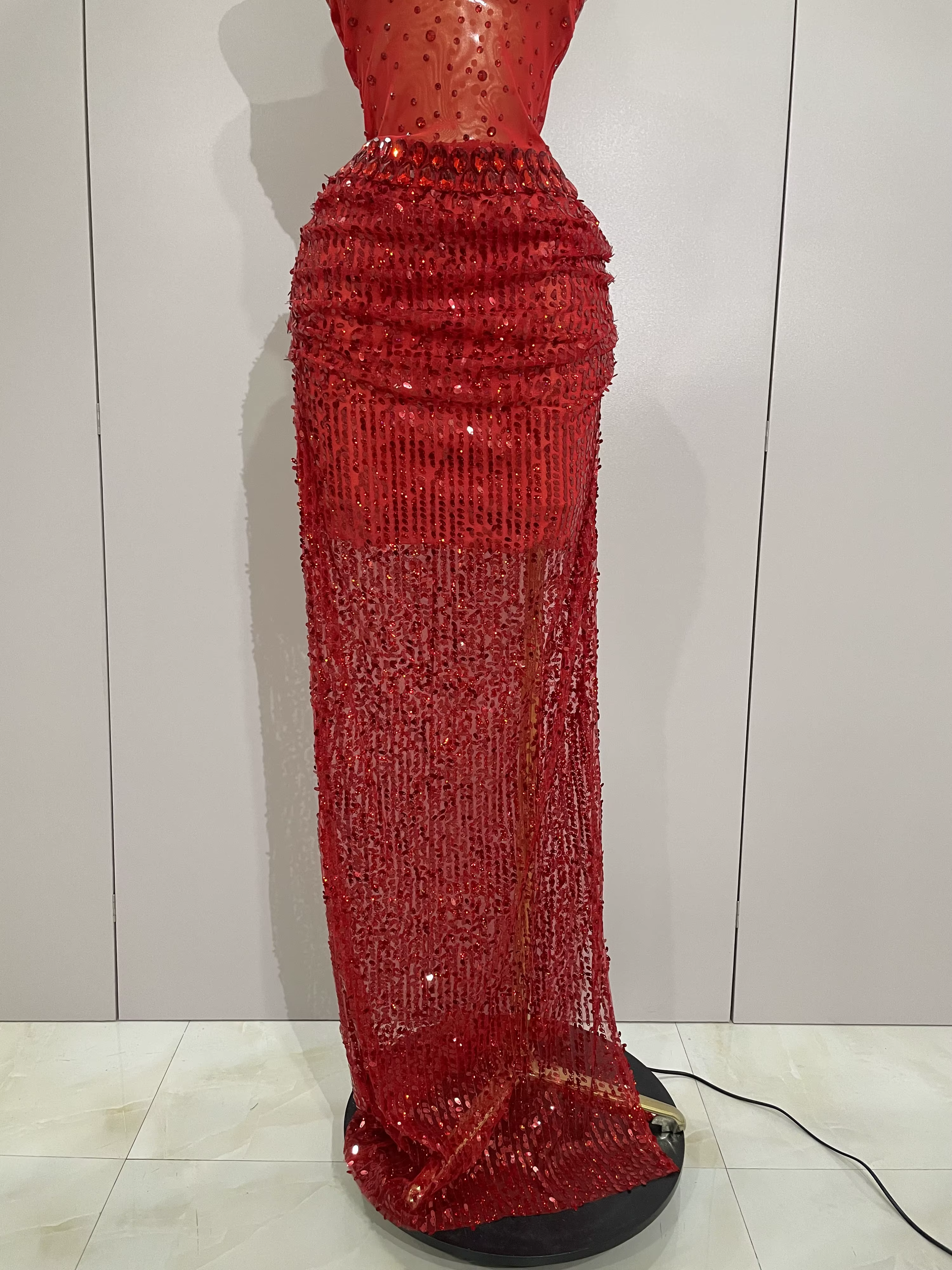 Robe longue 2 pièces transparente et sexy avec strass rouges scintillants et paillettes, pour femmes