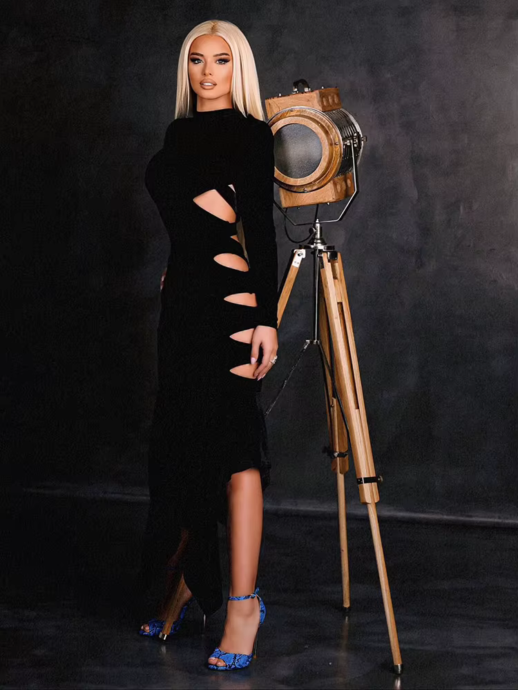 Robe Maxi en velours pour femmes, manches longues, à volants, Sexy, noir, ajouré, à la mode, boîte d