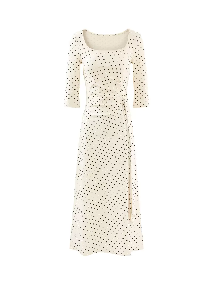 Robe mi-longue française élégante, Vintage, col carré, manches longues, coupe cintrée, cravate à la 