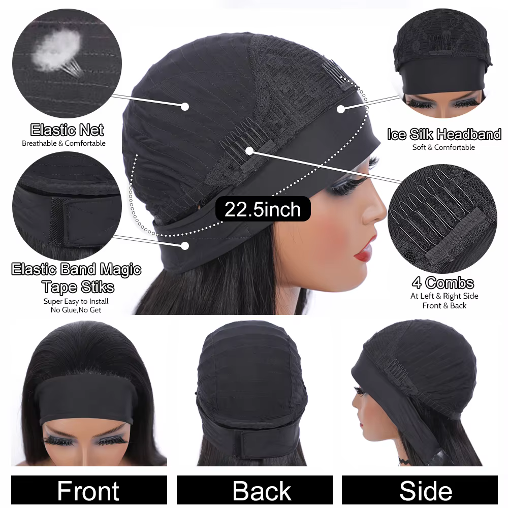 Bandeau perruque cheveux humains os droit perruques de cheveux humains pleine Machine faite péruvien