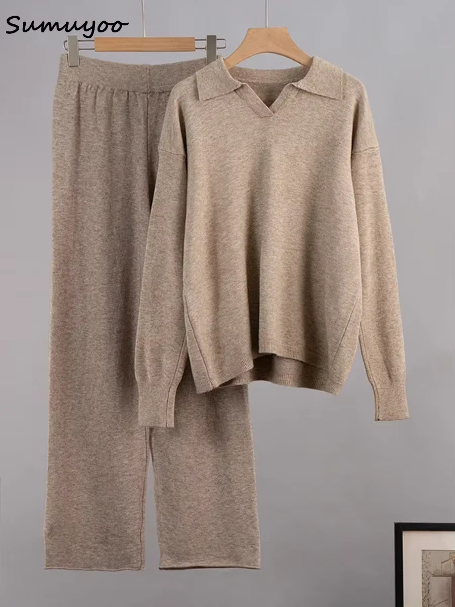 Sumuyoo hiver épais femmes tricoté costumes cachemire doux 2 pièces ensembles femme col Polo pull et