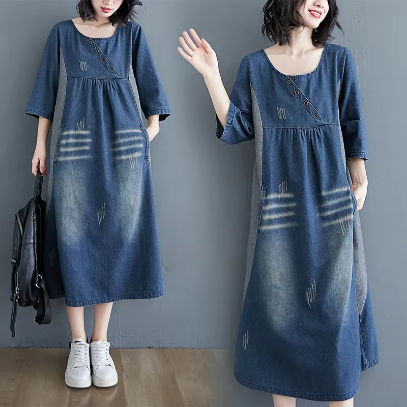 Robe en denim vintage pour femme, patchwork simple, longueur genou, rayures Wiltshire, manches trois