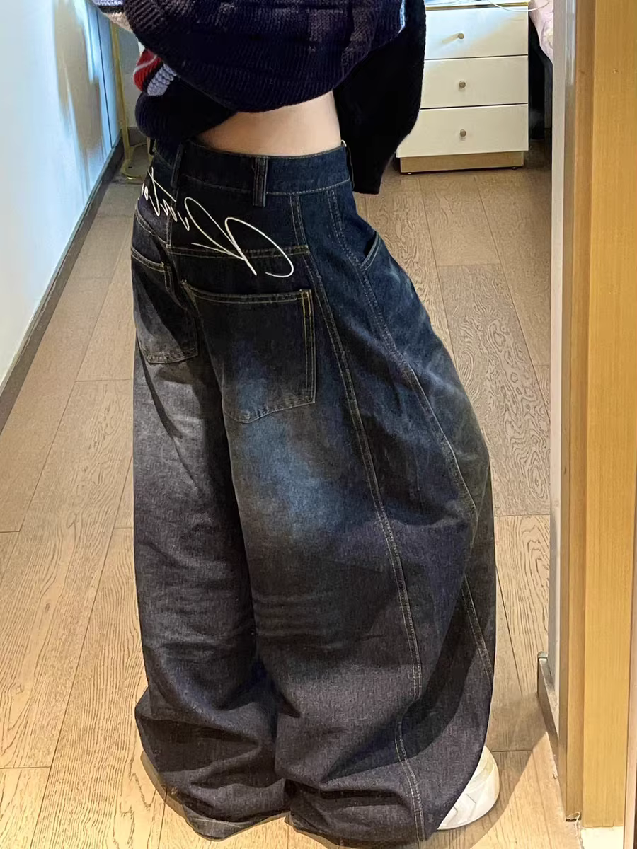 Jeans amples décontractés pour femmes Y2K, bleu délavé, style vintage, pantalon cargo à jambes large