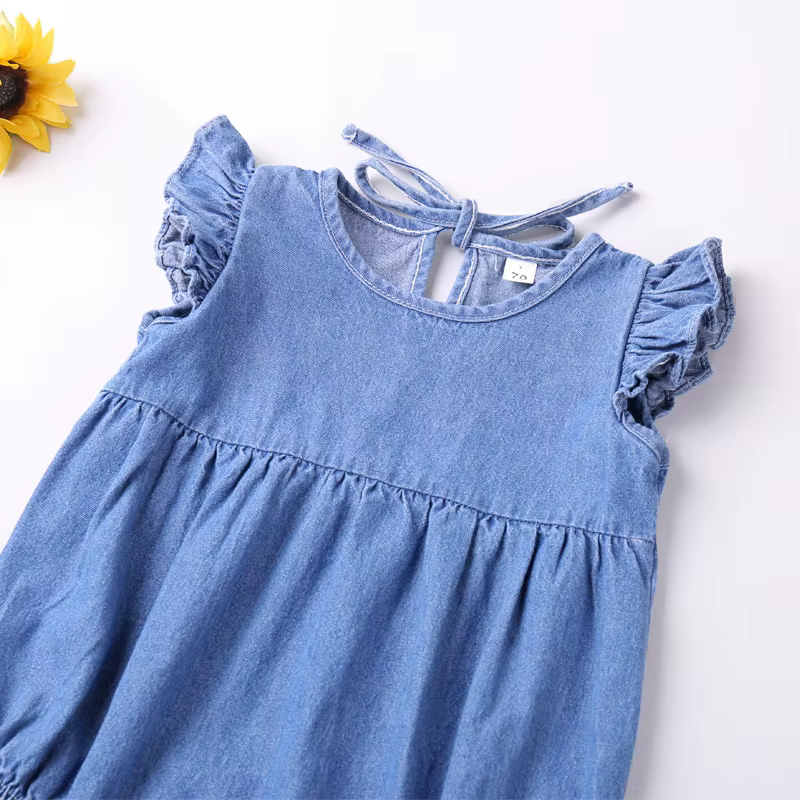 Barboteuse à volants pour bébés filles, barboteuse en coton et Denim, sans manches, body d'été, tenu