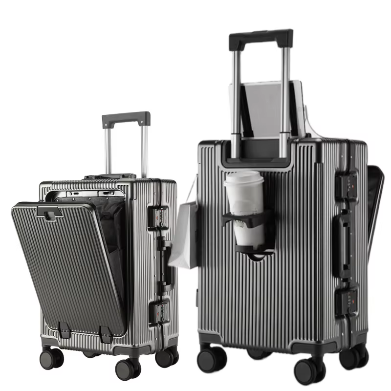 Valise de poche à ouverture avant, cadre en alliage d'aluminium, bagages roulants avec prise de char