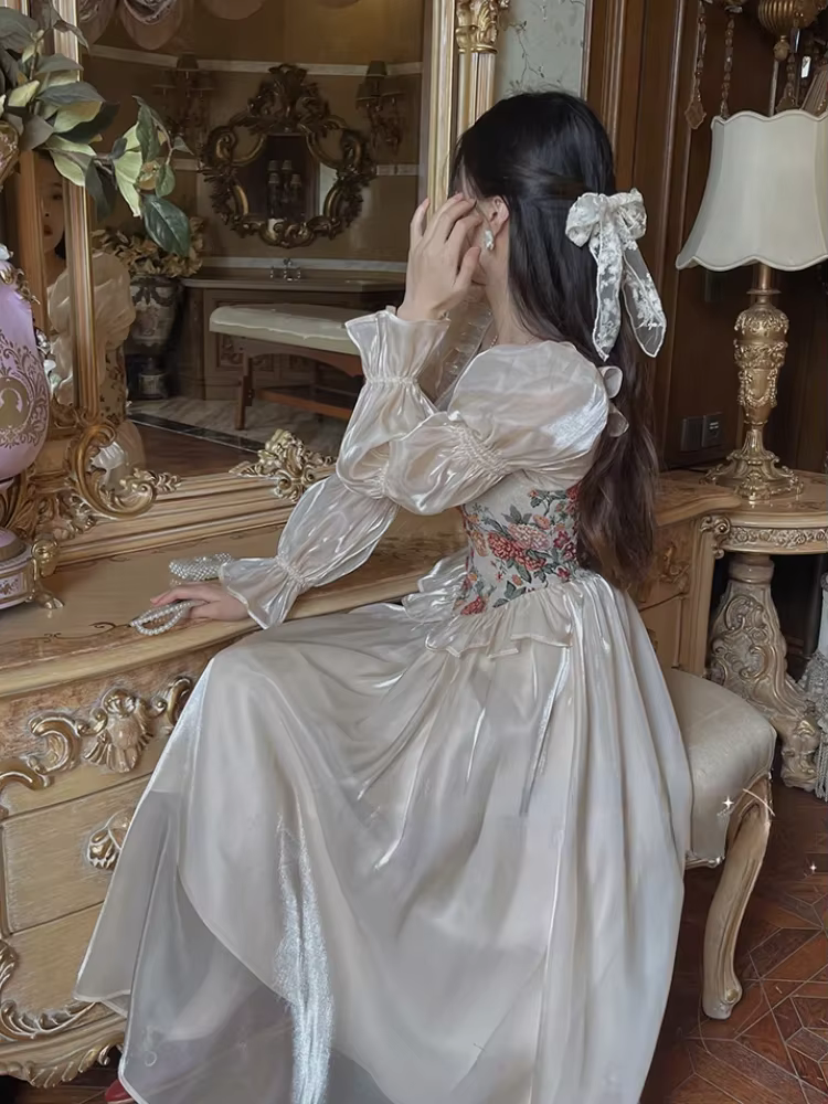Vintage élégant imprimé robe florale femmes 2023 automne col rond décontracté soirée robe mi-longue 