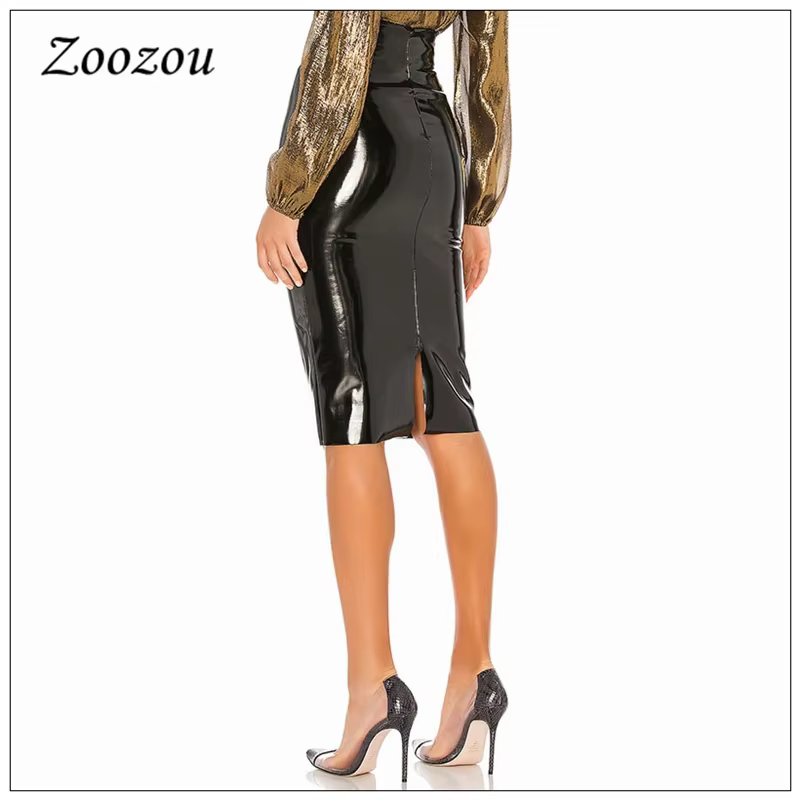 Jupe Midi en Latex et cuir verni PVC pour femmes, taille haute, crayon, élégante, fendue, longueur a