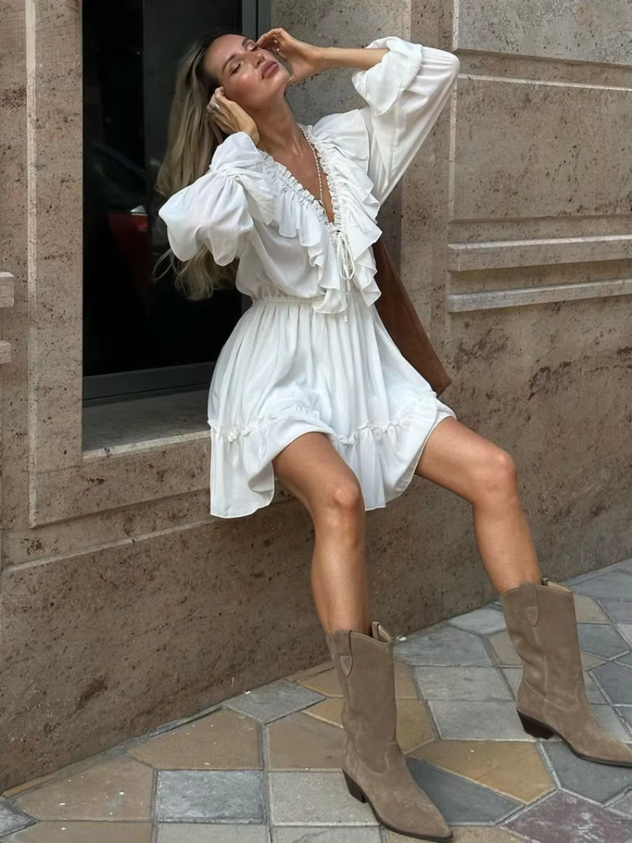 Bornladies Sexy robe blanche ample dames mode col en v à manches longues Mini robe Chic élégant à vo