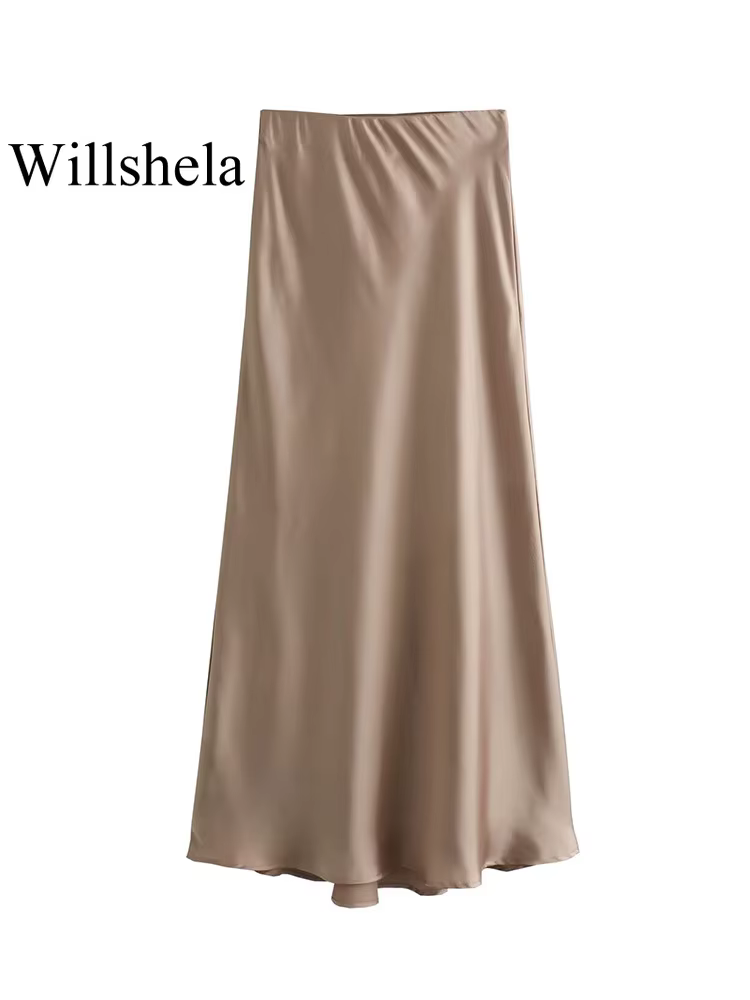 Willshela femmes mode Satin solide plissé jupe Midi Vintage taille mi élastique femme Chic dame jupe