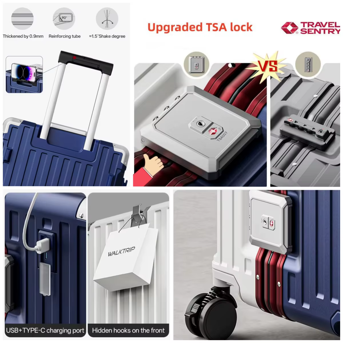 Valise à roulettes grande capacité, coque rigide en PC épais avec cadre en aluminium, serrure TSA, 2