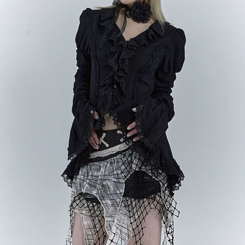 Karrcat-Chemise gothique en dentelle noire, chemisiers irréguliers esthétiques foncées, style CHRIST