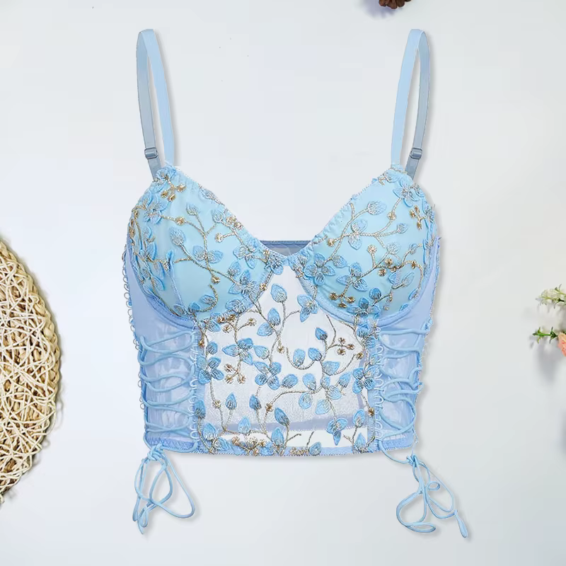 Femmes bleu Camisole gilet soutien-gorge broderie fleur Corsets coupe ajustée polyvalent dame haut C