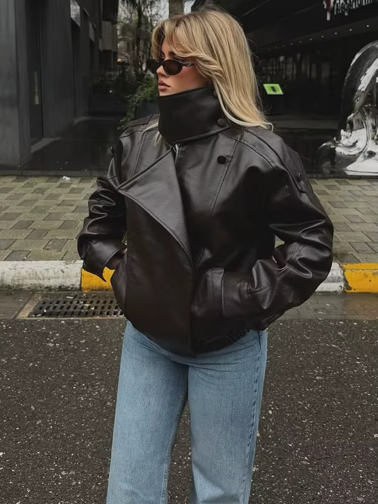 HH Veste en similicuir pour femme Printemps Automne 2026, style motard vintage oversize, coupe ample