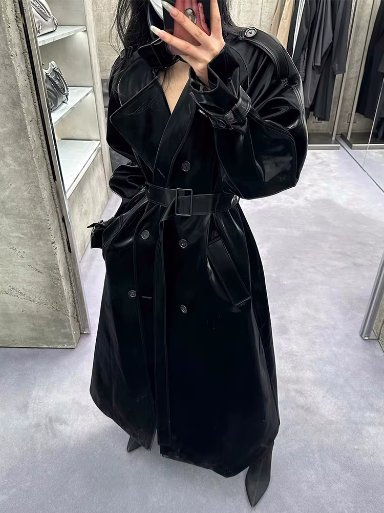 Lautaro printemps automne Extra Long surdimensionné Cool réfléchissant brillant noir en cuir verni T