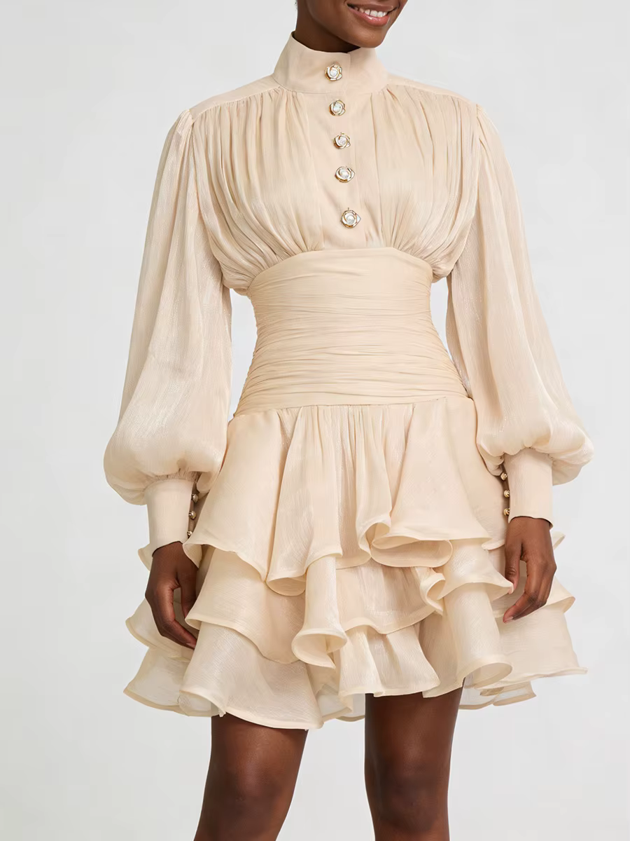 Robes courtes décontractées de style plage VGH pour femmes, col montant, manches longues, taille hau