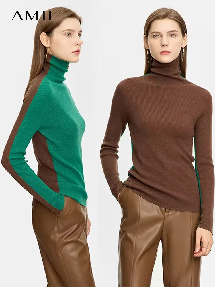 AMII minimaliste col roulé pull femmes 2025 couleur contraste printemps nouveau mince haut tricoté B
