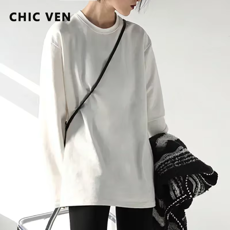 CHIC VEN printemps automne femmes couleur unie ample à manches longues T-shirt col rond haut basique