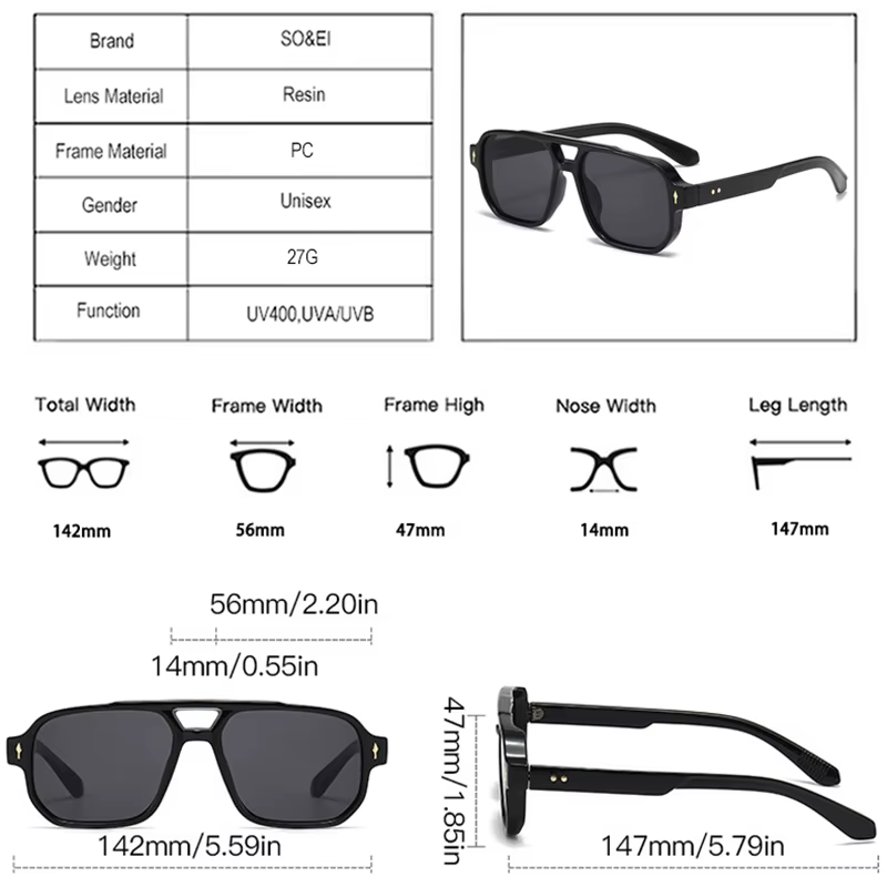 SO & EI Vintage Double ponts hommes lunettes de soleil carrées mode clair océan lentille lunettes fe