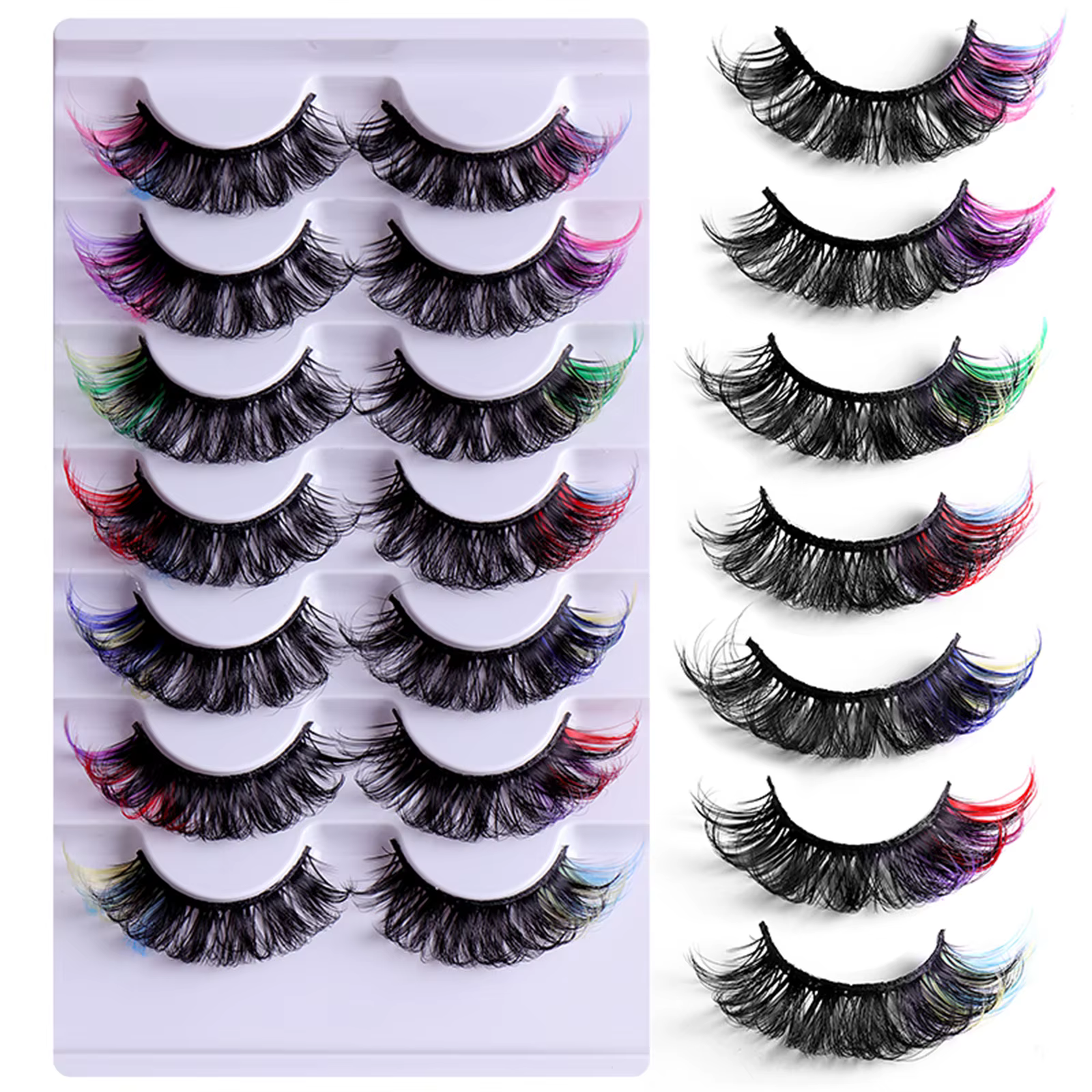 7 paires de cils colorés moelleux Faux cils de vison avec couleur, Volume de boucle D dramatique Lon