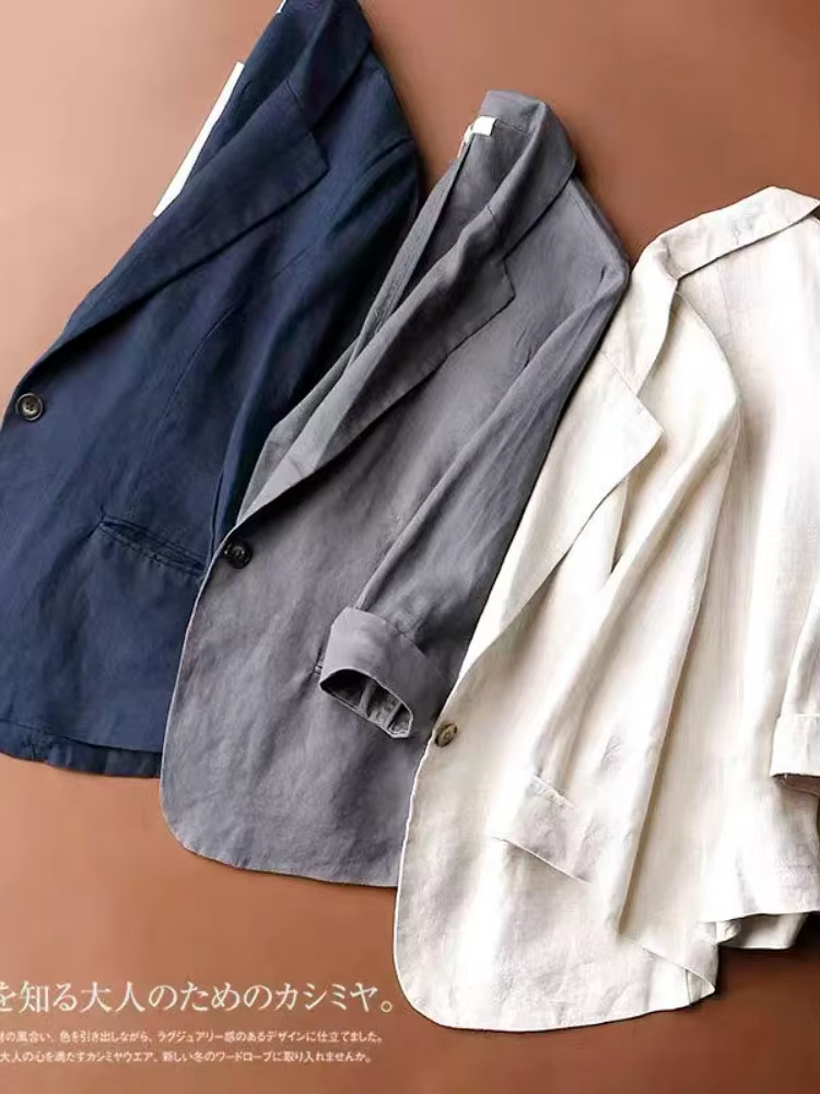 Blazer à simple boutonnage pour femme, veste d'été en coton et lin, blanc uni, bouton décontracté, m