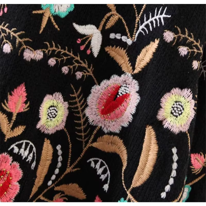 Pull Vintage brodé à col rond et fleurs pour femme, haut ample, coréen, à manches longues, à la mode