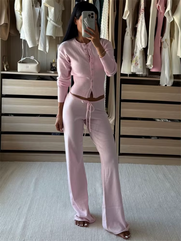 Tossy décontracté tricot femme tenues survêtement à lacets côtelé Cardigan haut et taille haute pant
