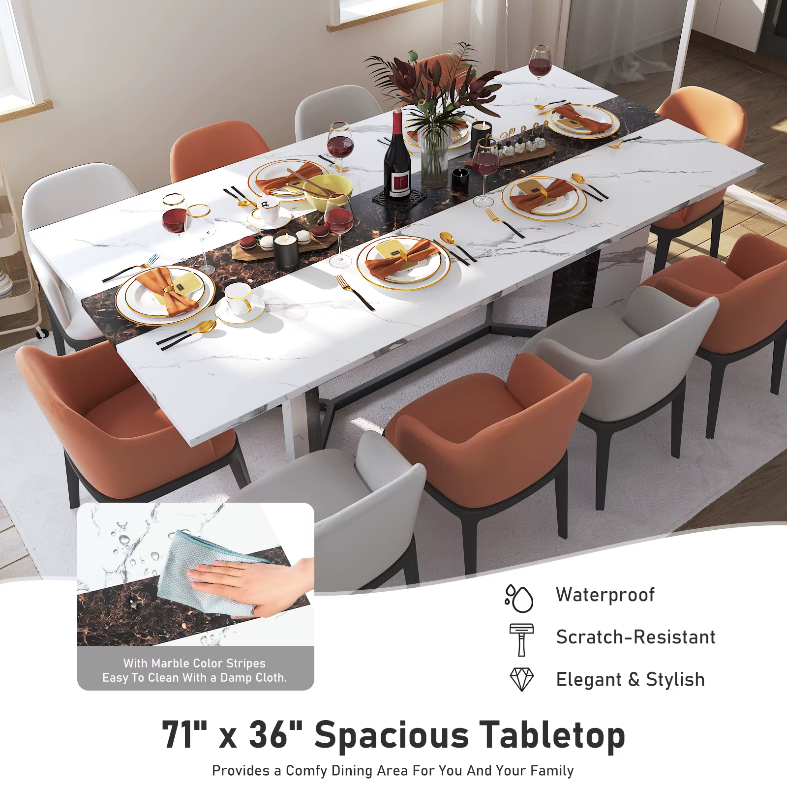 Grande table à manger rectangulaire luxueuse de 71 po pour 6 8 10 personnes, table queen familiale a